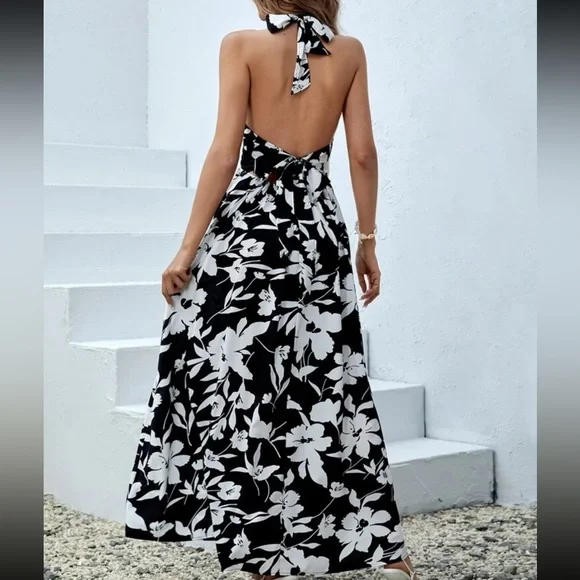 Boho Tropical Floral Print Criss Cross Back Tie Backless Halter Dress Black - Picture 1 of 6